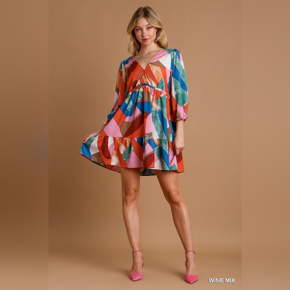 Umgee Abstract V-Neck Tiered Printed Dress - Picture 1 of 9